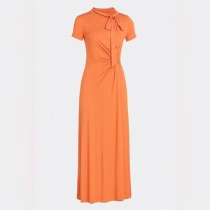 Tanya Taylor orange short sleeve maxi dress stretch tie neck cinched waist